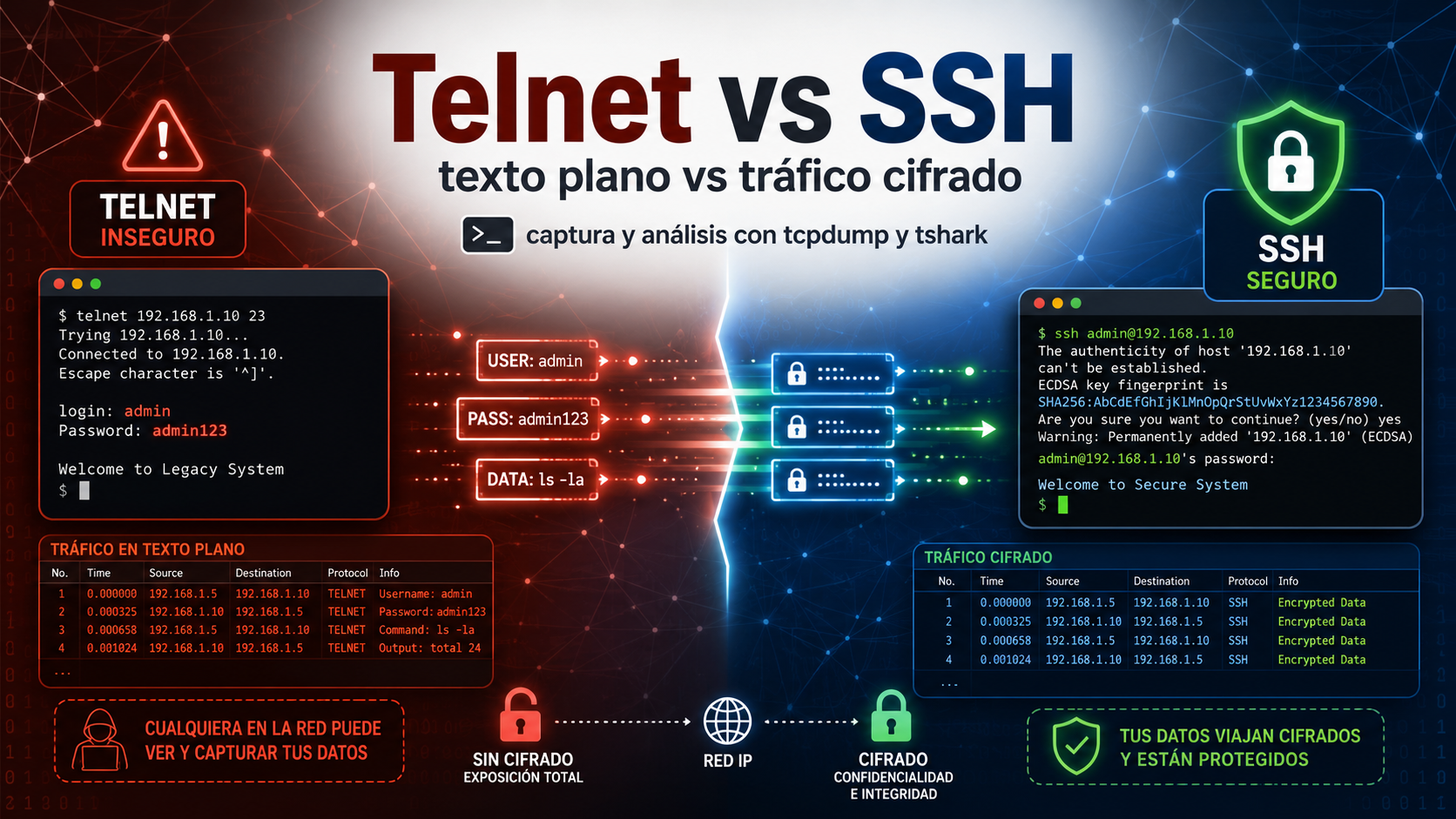 Telnet vs SSH: por qué una sesión puede verse completa en una captura de red