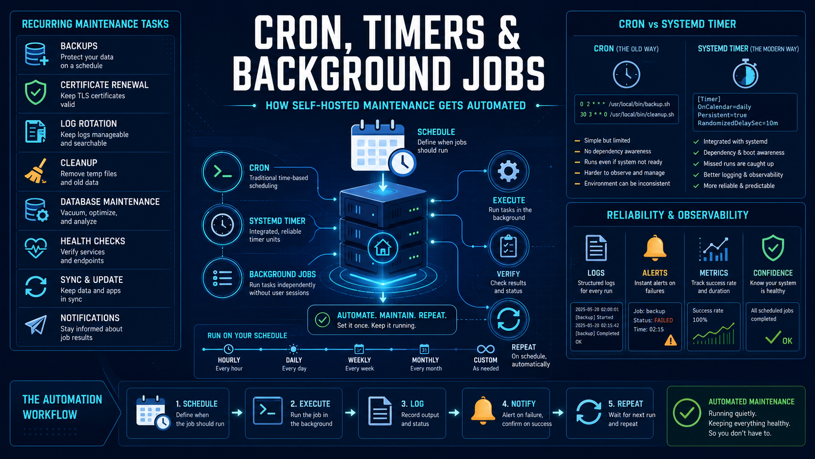 Cron, timers, and background jobs: how self-hosted maintenance actually gets automated