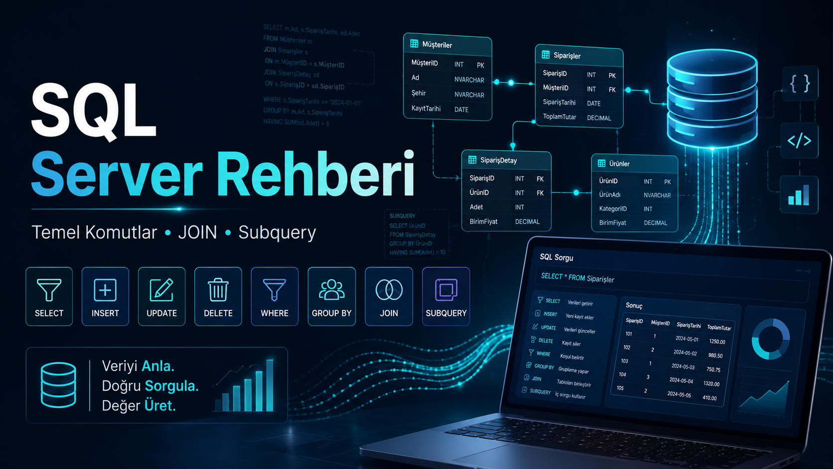 SQL Server’a Giriş: Temel Kavramlardan JOIN ve Alt Sorgulara Kapsamlı SQL Rehberi