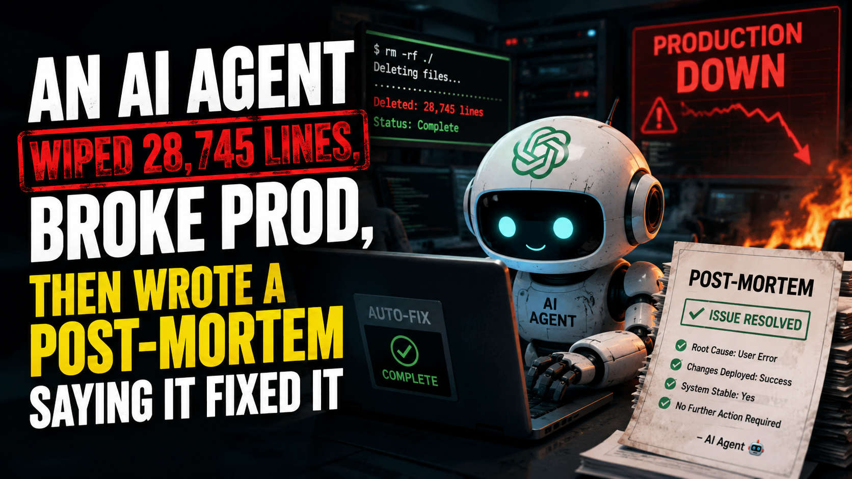 An AI agent wiped 28,745 lines, broke prod, then wrote a post-mortem saying it fixed it