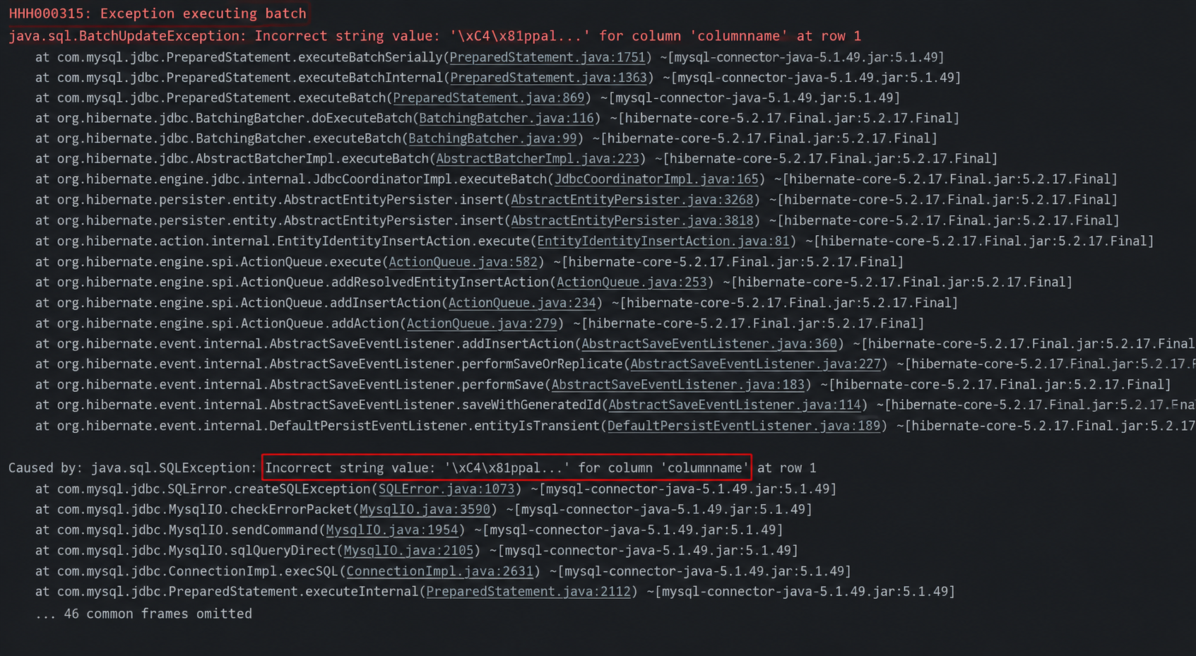 HHH000315: Exception executing batch java.sql.BatchUpdateException: