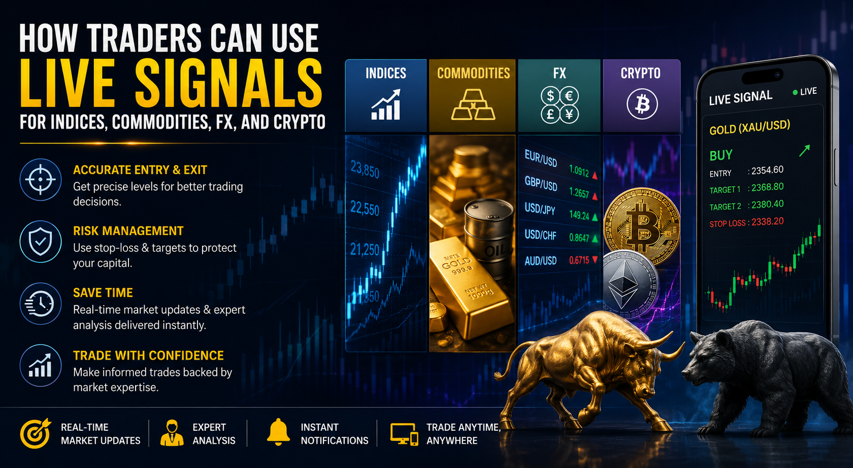 How Traders Can Use Live Signals for Indices, Commodities, FX, and Crypto