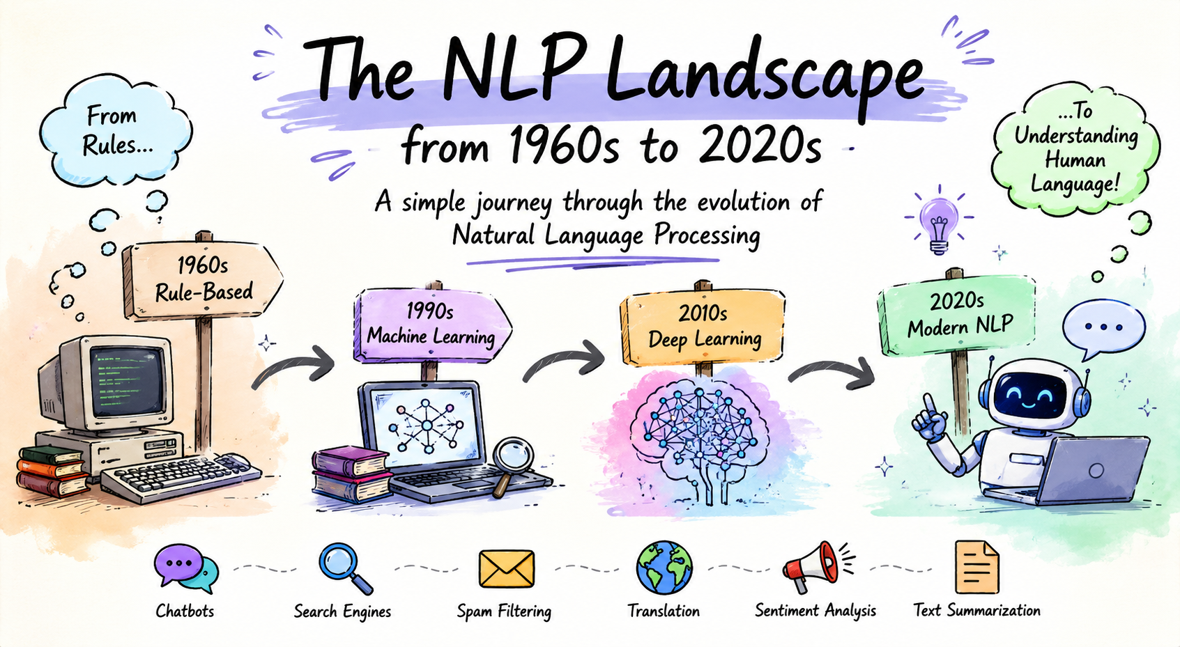 The NLP Landscape: From 1960s to 2020s.