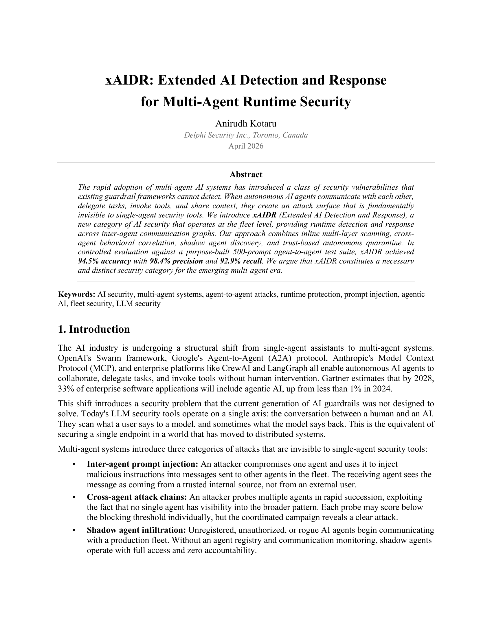 xAIDR: Extended AI Detection and Response for Multi-Agent Runtime Security
