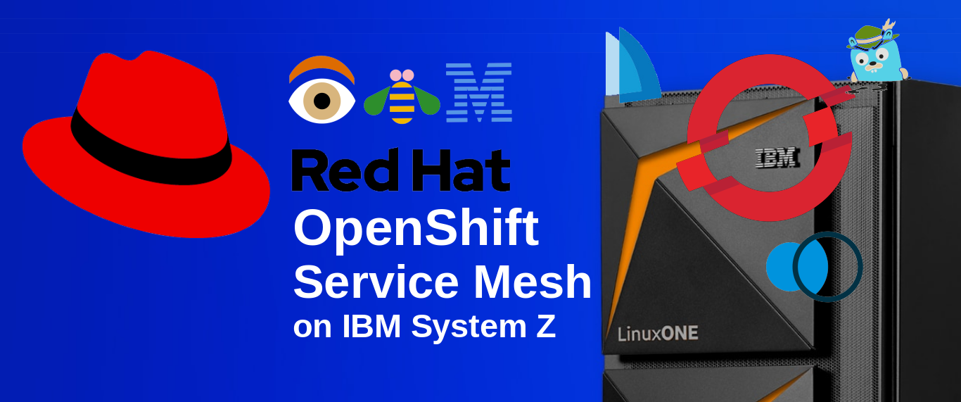 The big red letter `O` with parts of it shifted is the logo of Red Hat OpenShift. The little blue sails are the logo of Maistra, the main component of Red Hat OpenShift Service Mesh. The asymmetrical vesica piscis below the OpenShift logo is the logo of the Kiali subsystem of Service Mesh. The little blue Go Gopher wearing a Tyrolean hat perched atop an IBM LinuxOne chassis is the logo for the Jaeger Tracking system used in Red Hat OpenShift Service Mesh.