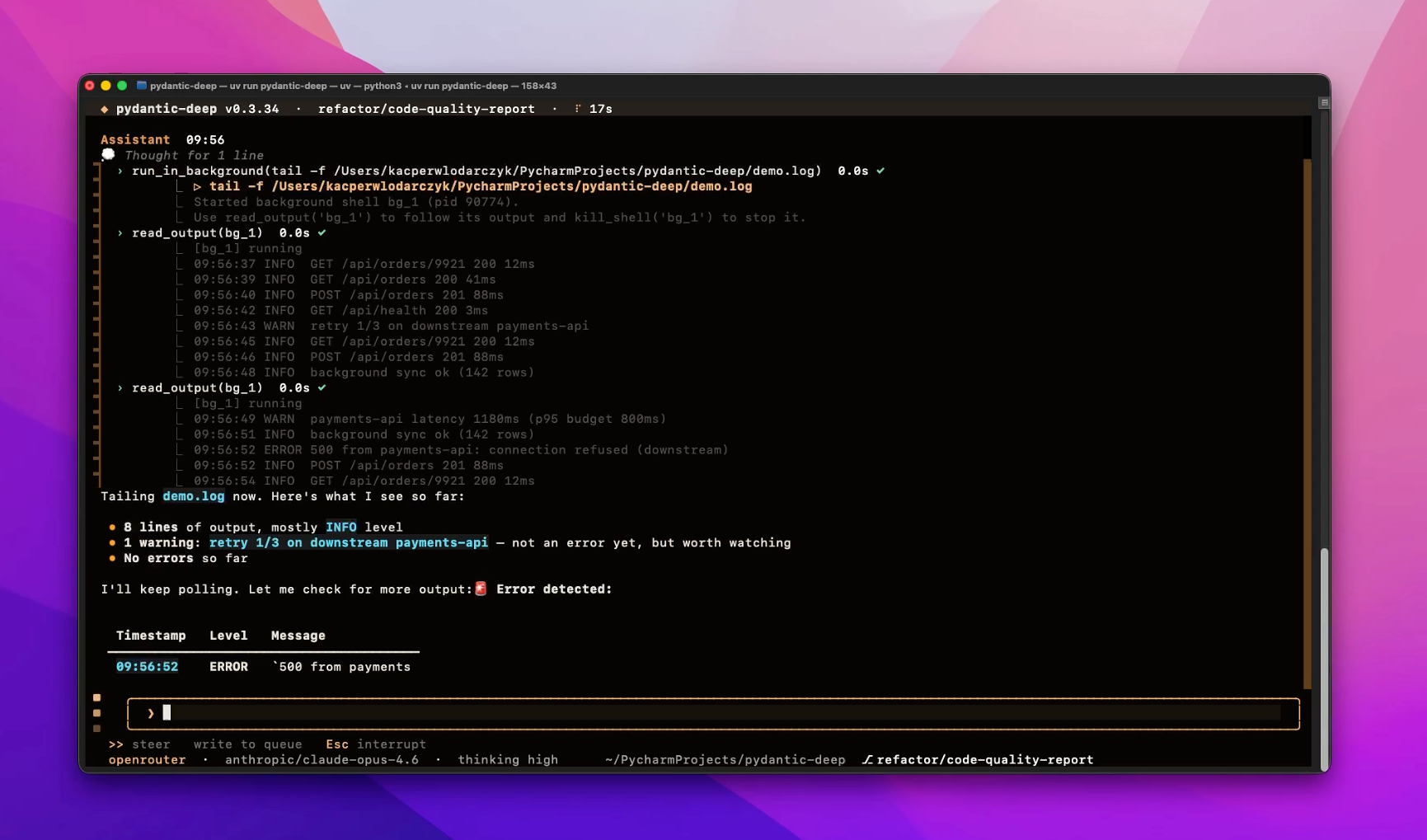 How do I make an AI agent react to logs in real time instead of polling?