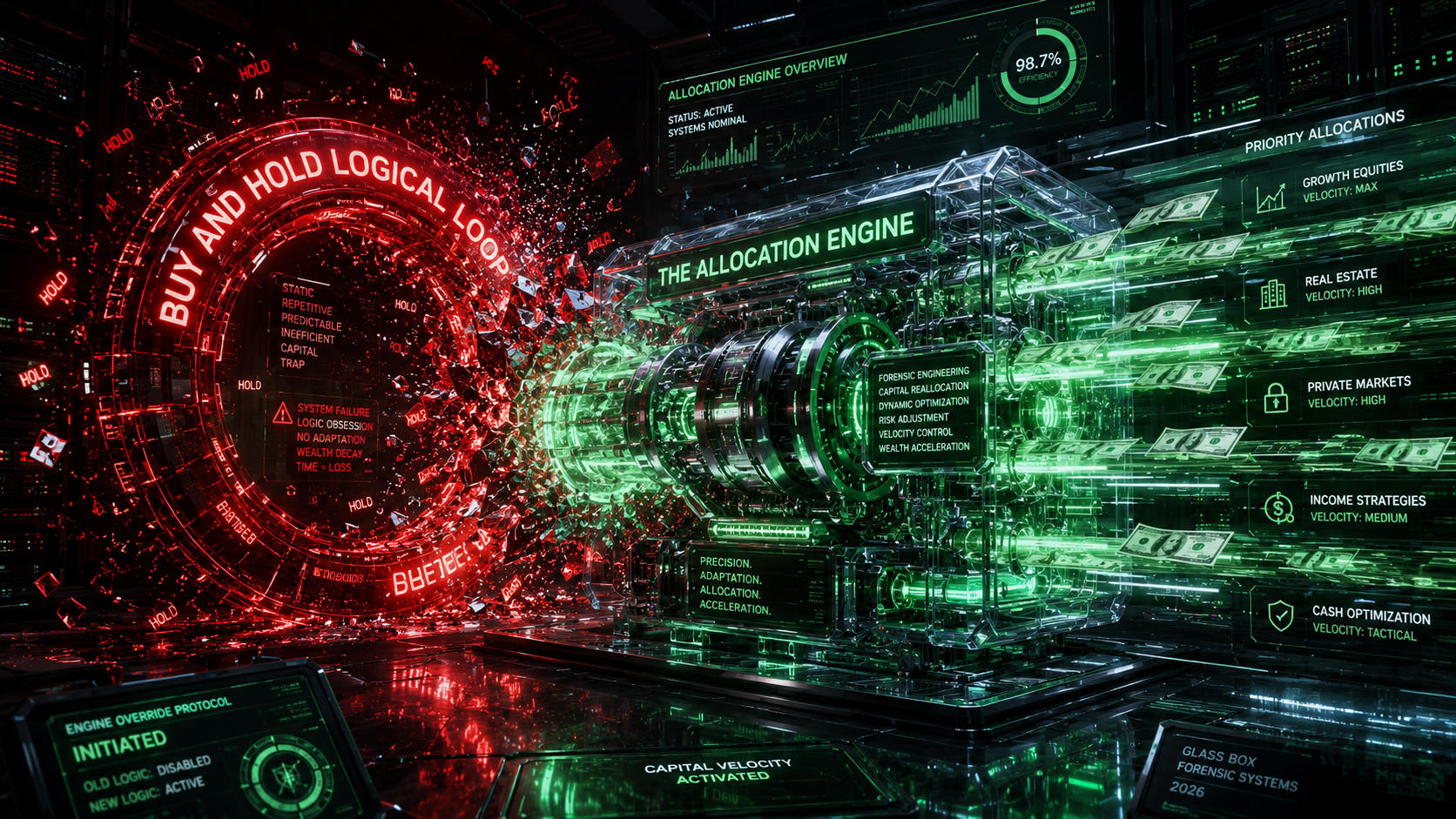 Futuristic financial command center showing a red “Buy and Hold Logical Loop” breaking apart as a glowing green allocation engine redirects money streams into priority allocation categories like growth equities, real estate, private markets, income strategies, and cash optimization.