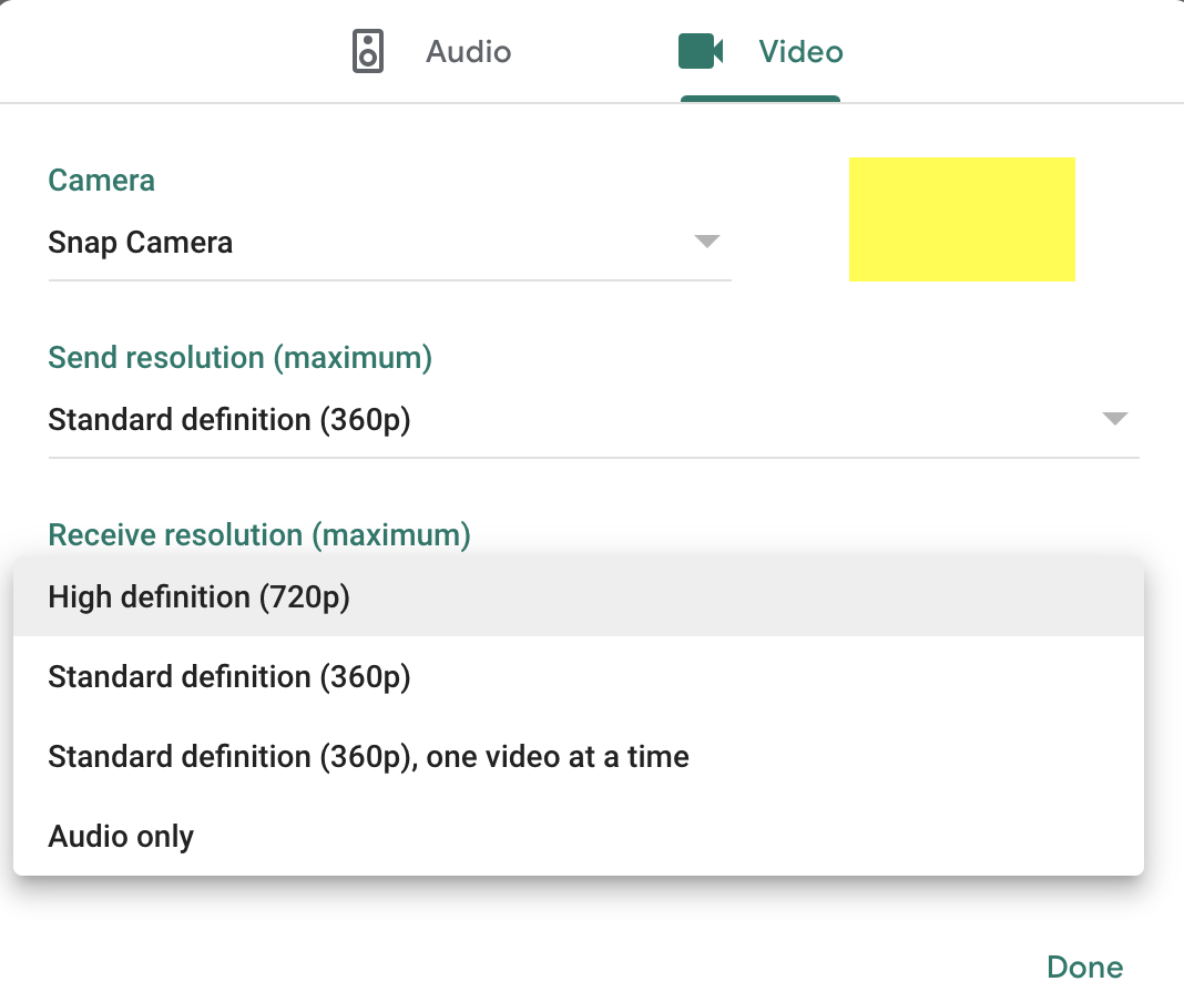 Videoeinstellungen - Kamara: Snap Camera, Auflösung senden (max.) Standard-Definition (360p), Menü Auflösung empfangen geöffnet, Optionen: "Hochauflösung (720p)", "Standard-Definition (360p)", "Standard-Definition (360p), ein Video nach dem anderen", "Nur Audio".