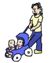 Cartoon of a man with long black hair pushing twins in a stroller.