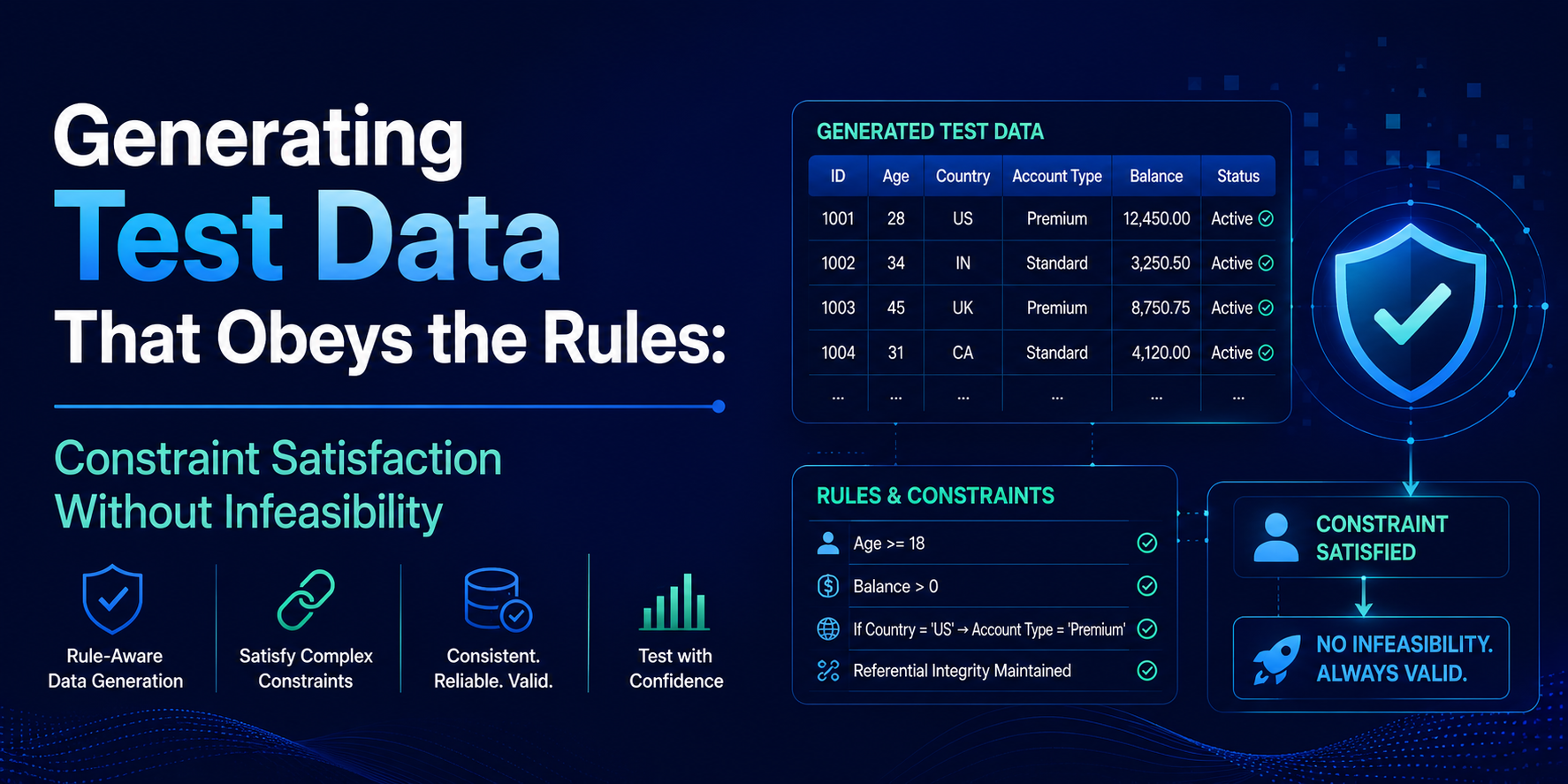 Generating Test Data That Obeys the Rules: Constraint Satisfaction Without Infeasibility