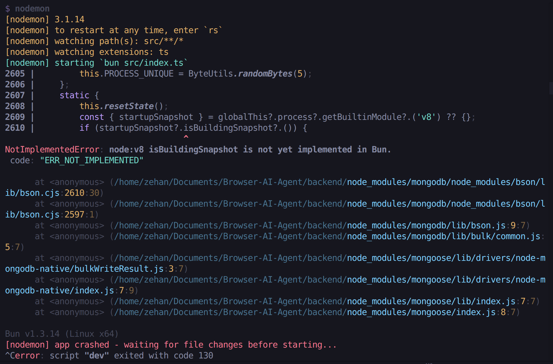 Why Mongoose Crashes in Bun (And How to Fix the v8.startupSnapshot Bug)