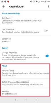 android auto about section screenshot