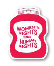 Sticker of a ketchup bottle that says “Women’s Rights = Human Rights”