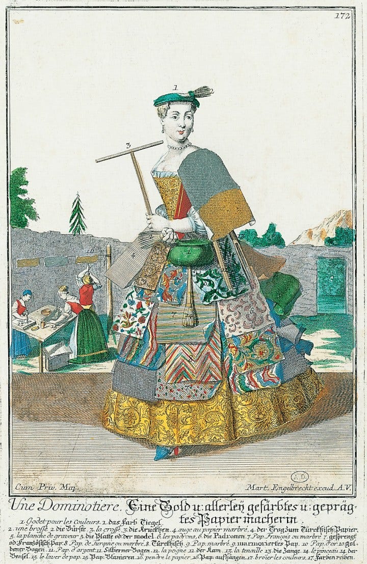 Martin Engelbrecht, hand-colored engraving of a dominotière, or maker of brocade and printed papers, wearing a dress of wallpaper samples (Germany, 1735–40)