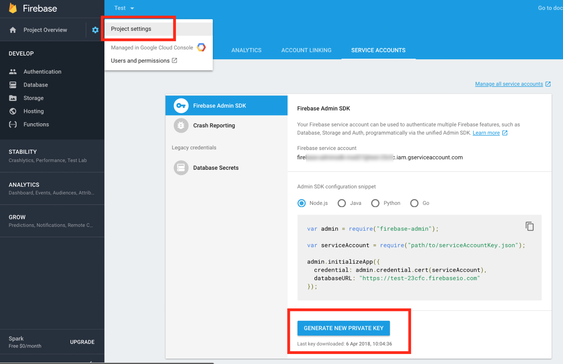 Firebase project settings