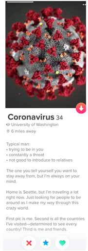 Tinder profile of Coronavirus as a male user on the dating app