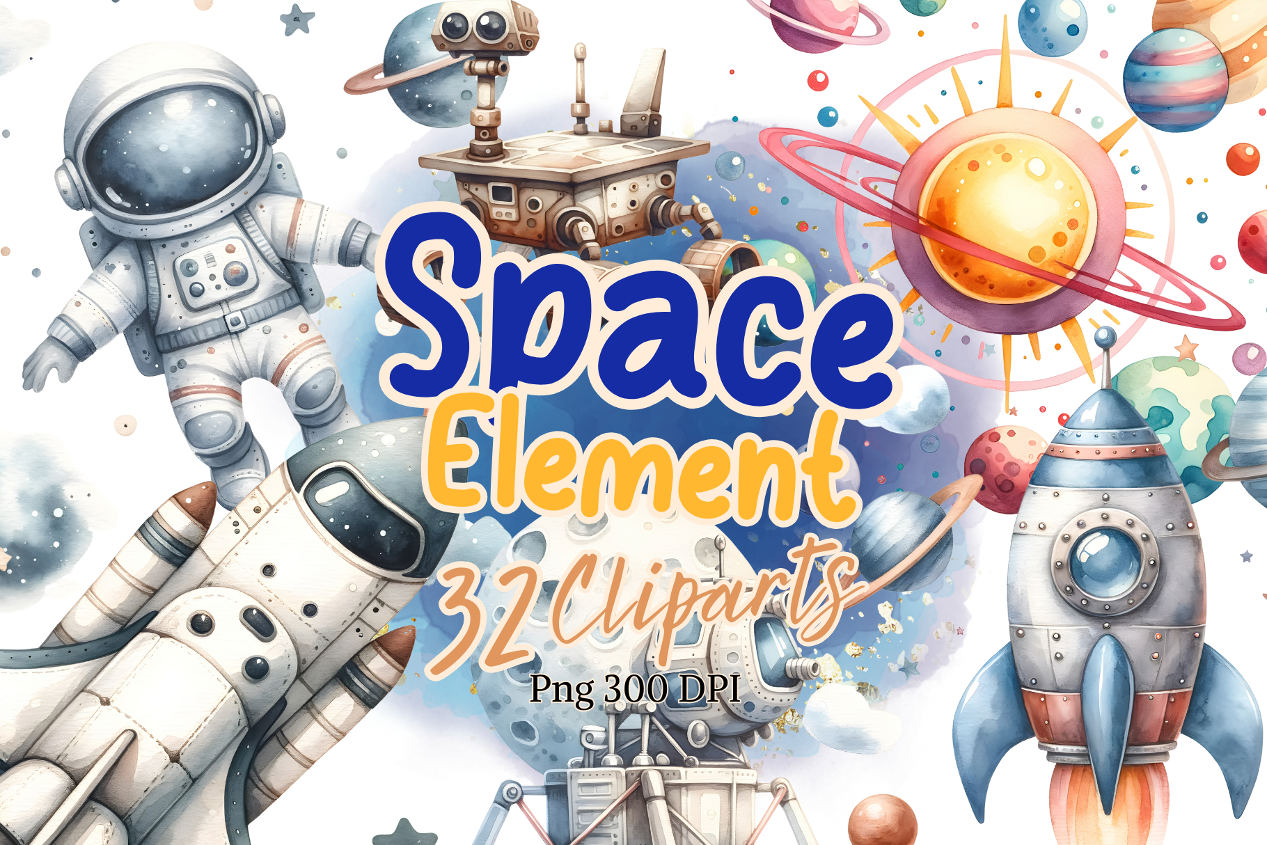 Space Elements Watercolor Clipart (Printable Illustrations)