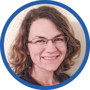 Photo of a smiling woman with brown hair and glasses, surrounded by a blue circle