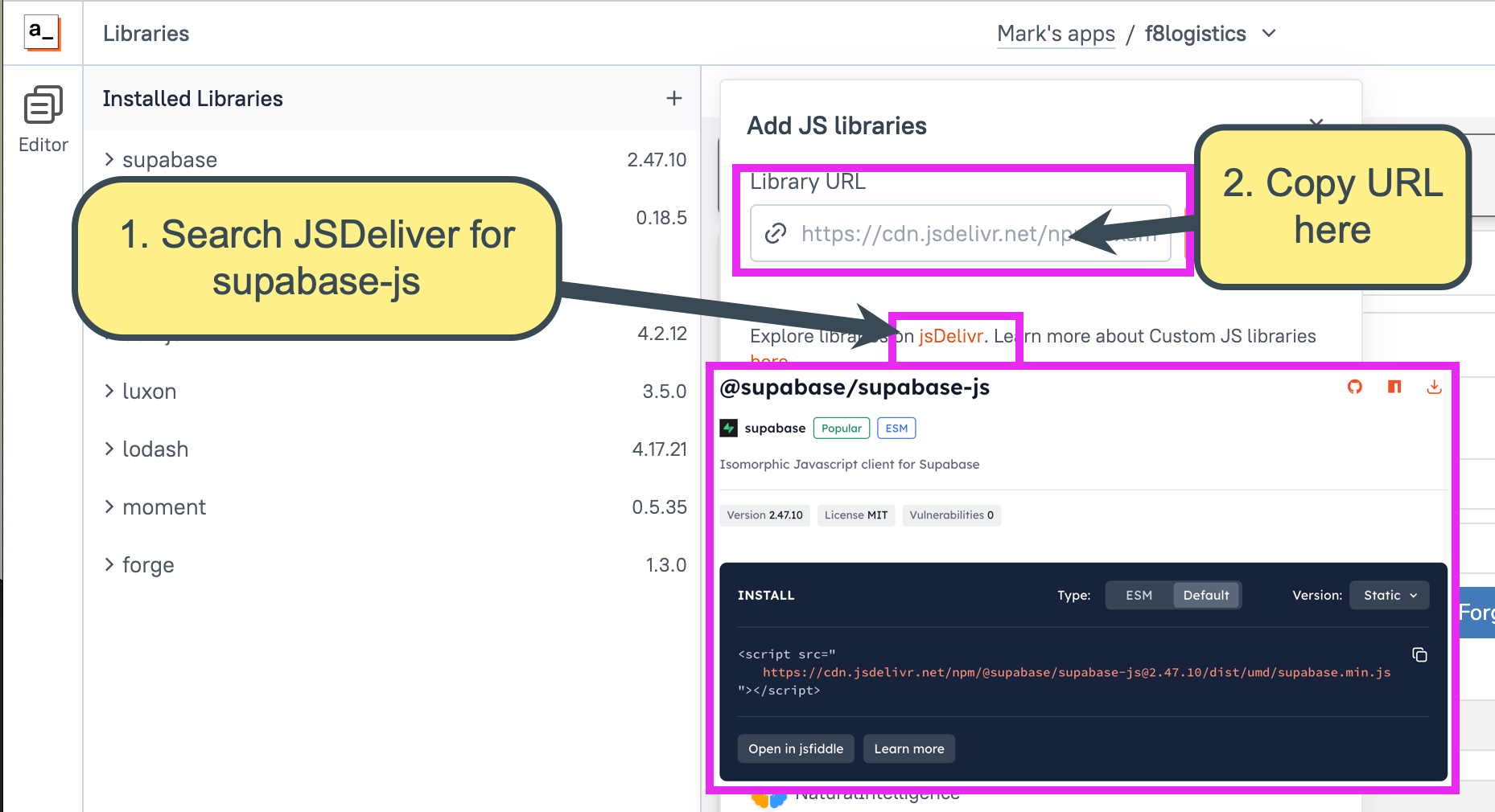 Supabase + Appsmith (supabase-js + headers)