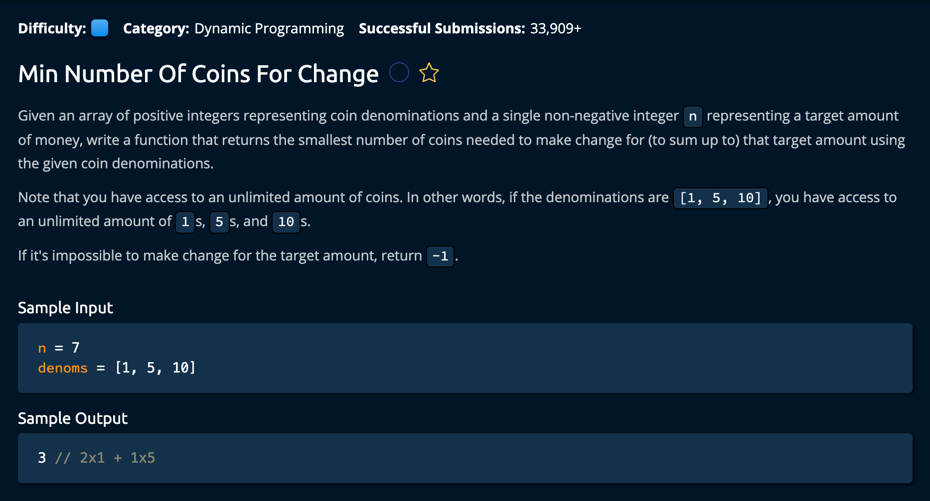Leetcode Medium: Min Num of Coins For Change SOLUTION