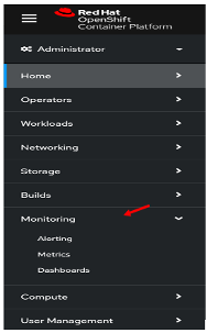 drop down menu showing Monitoring menu options in the OCP console