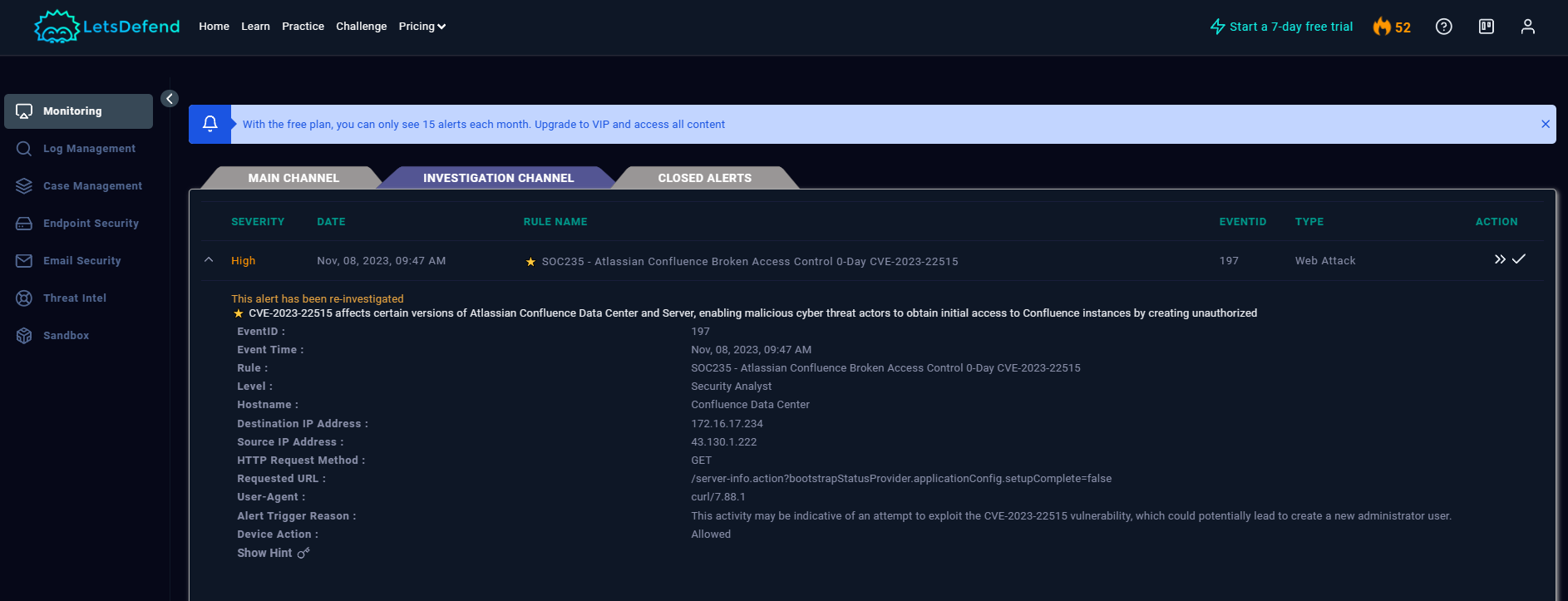 SOC235 — Atlassian Confluence Broken Access Control 0-Day CVE-2023–22515 Walkthrough (LetsDefend.io)