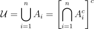 \mathcal U =\bigcup_{i=1}^nA_i=\left[\bigcap_{i=1}^nA_i^c\right]^c