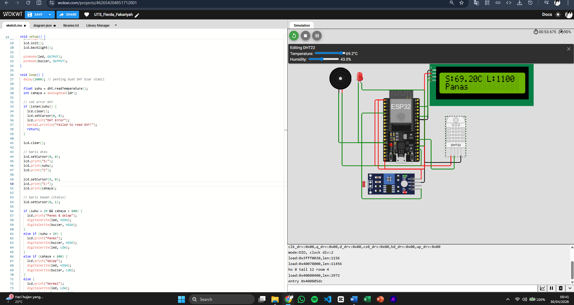 Monitoring Kondisi Ruangan Sederhana dengan ESP32 (Suhu & Cahaya + Alert System)
