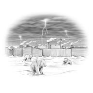 An illustration of an encampment with a wooden fence, that has bears roaming outside of it in the snow and a lightning storm overhead