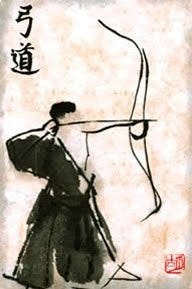 A silhouette of a zen archery master with caption Kyudo, the Japanese martial art of longbow archery, incorporating set rhythmic movements and practised in a meditative state.