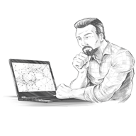 An illustration of a man looking thoughtfully at a laptop which is showing a cluster graph