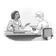 An illustration of a woman sitting behind a desk talking to a person across the desk. The desk has a nameplate that says “customer service” on it