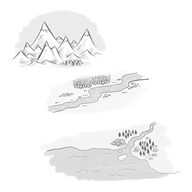 An illustration of mountains, a river, and the mouth of a river