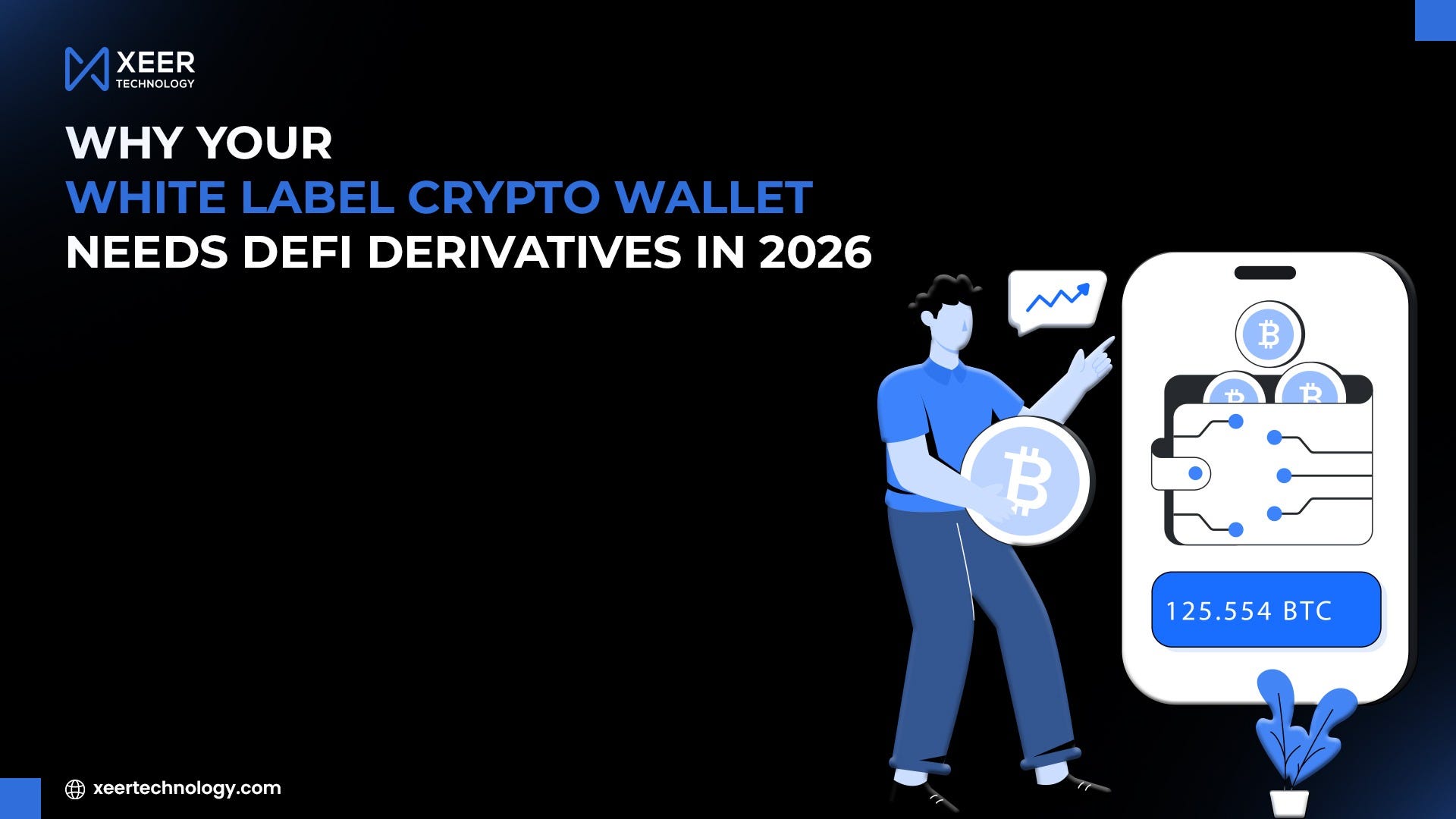 White label crypto wallet with DeFi derivatives and Bitcoin trading illustration