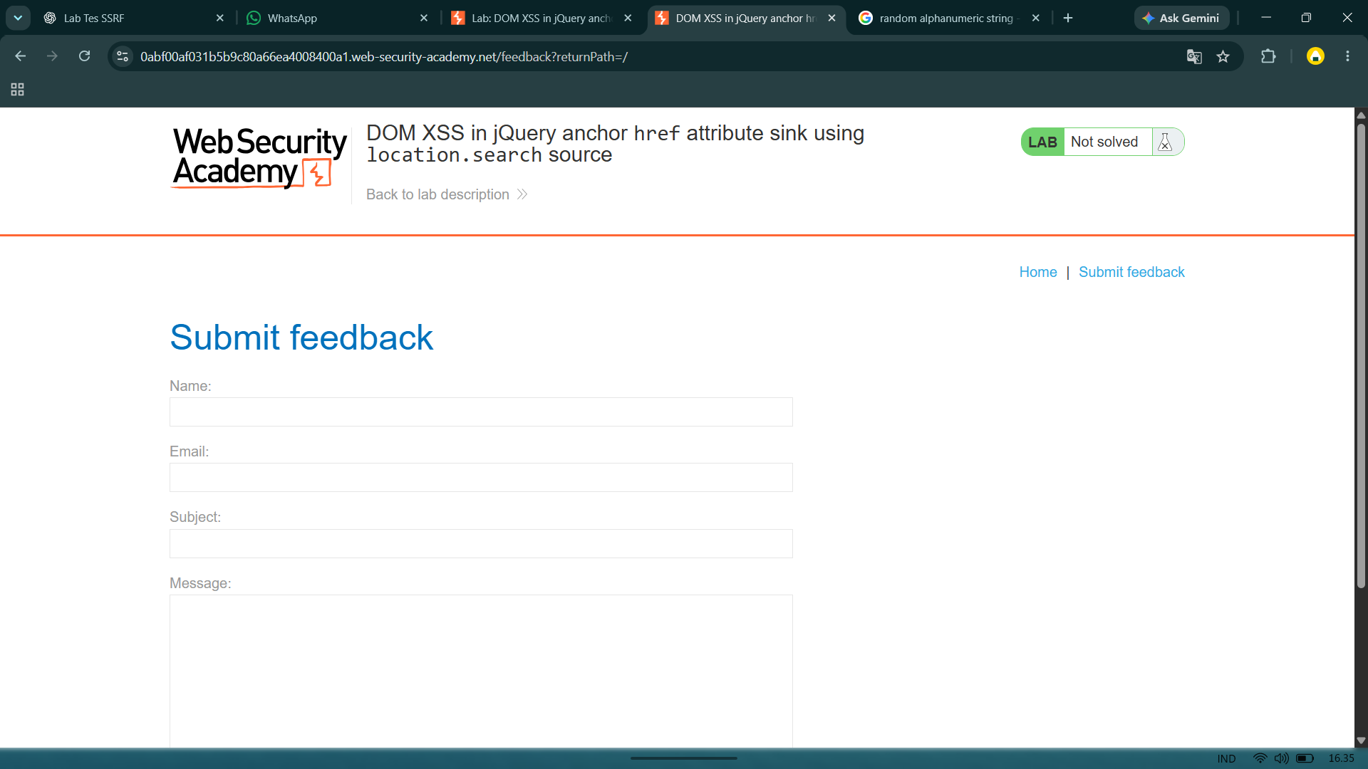 PortSwigger : DOM XSS in jQuery Anchor href Attribute Sink Using location.search Source