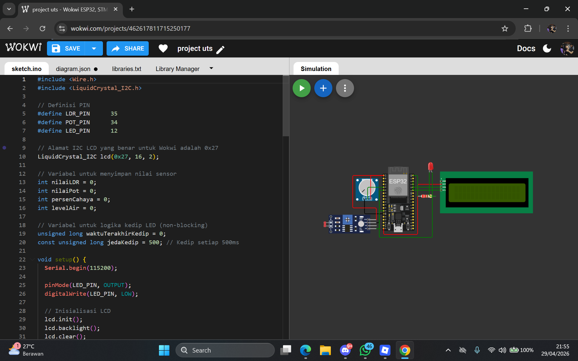 Smart Light & Level Monitor Berbasis ESP32 (Proyek UTS Robotics)