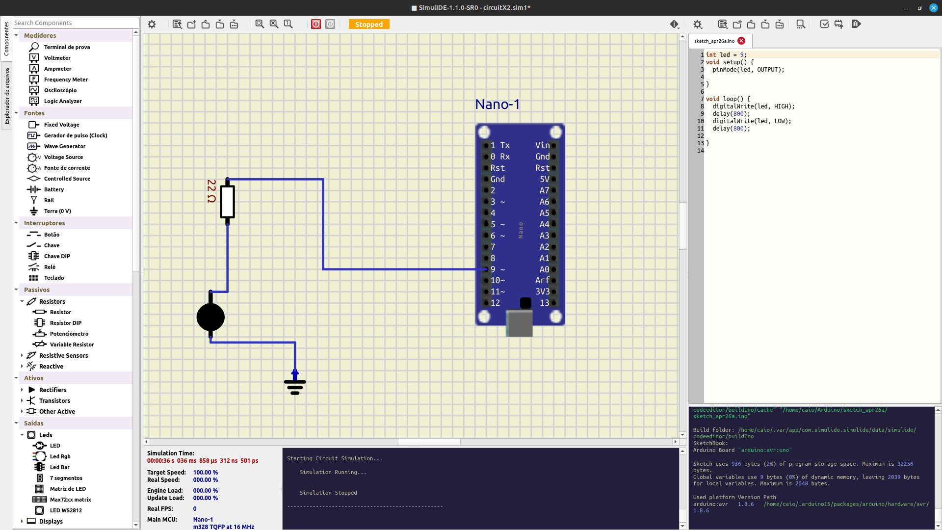SimulIDE — Arduino nano e LED