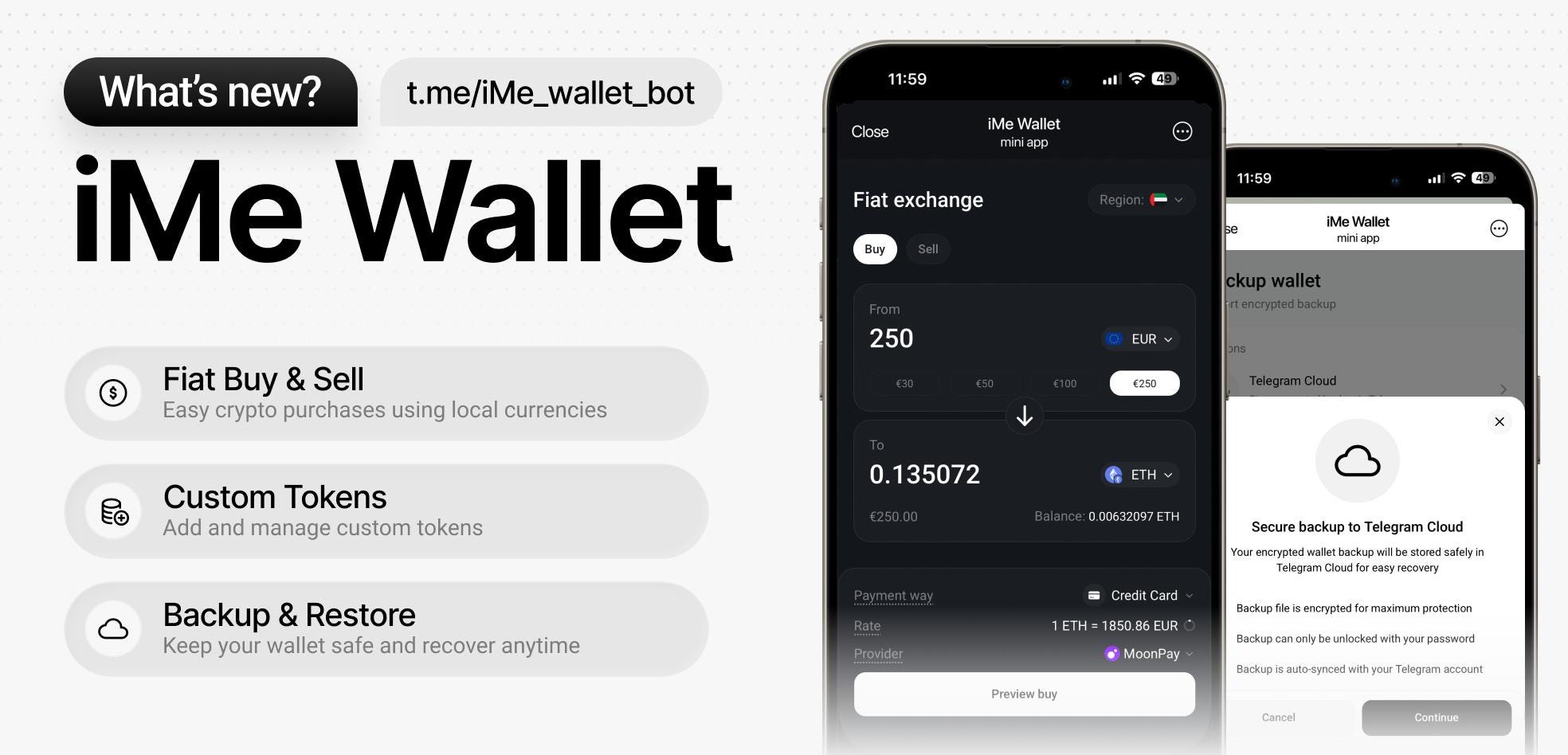 iMe Wallet Update: Fiat, Custom Tokens, and Backups