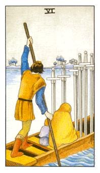 Tarot — 5 of Swords, a man a woman and a child sail away or flee by boat in a somber and depressed mood.