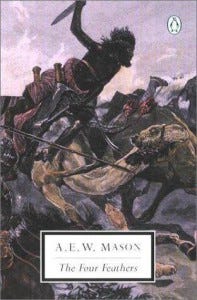 Book cover of A.E.W. Mason's story of honor 'The Four Feathers'