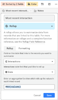 Example of a Rollup field in Airtable, showing most recent interactions