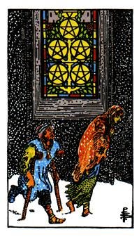 Tarot — 5 of Coins, beggars in crutches rush past the window of a church.