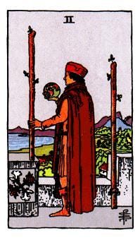 Tarot — Two of Wands, a man contemplates his kingdom.