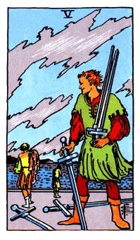 Tarot — 5 of Swords, a man looks at an empty battlefield content with himself as he collects swords scattered on the ground.