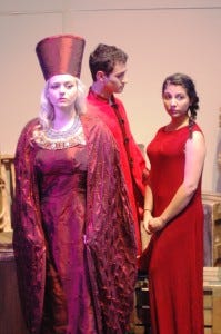 1 Roxanne Paul (Amneris), Jonah Levinson (Radames), and Alisha Kouthari (Aida) in MoorArts' production of AIDA