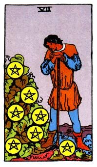 Tarot — 7 of Coins, a farmer patiently waits or admires the fruit of his labour.