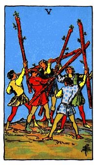 Tarot — 5 of Wands, a group of young men playfully battle each other with sticks.