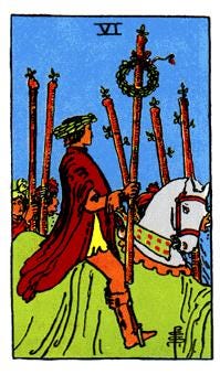 Tarot — 6 of Wands, a victorious knight or prince wearing laurels on his head is welcomed by a group of people.