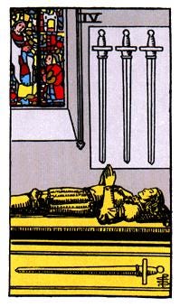 Tarot — 4 of Swords, a mausoleum with the effigy of a warrior resting with his hands in prayer.