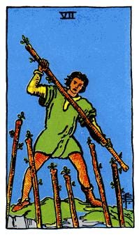 Tarot — 5 of wands, a warrior from a higher place battles unseen enemies below.